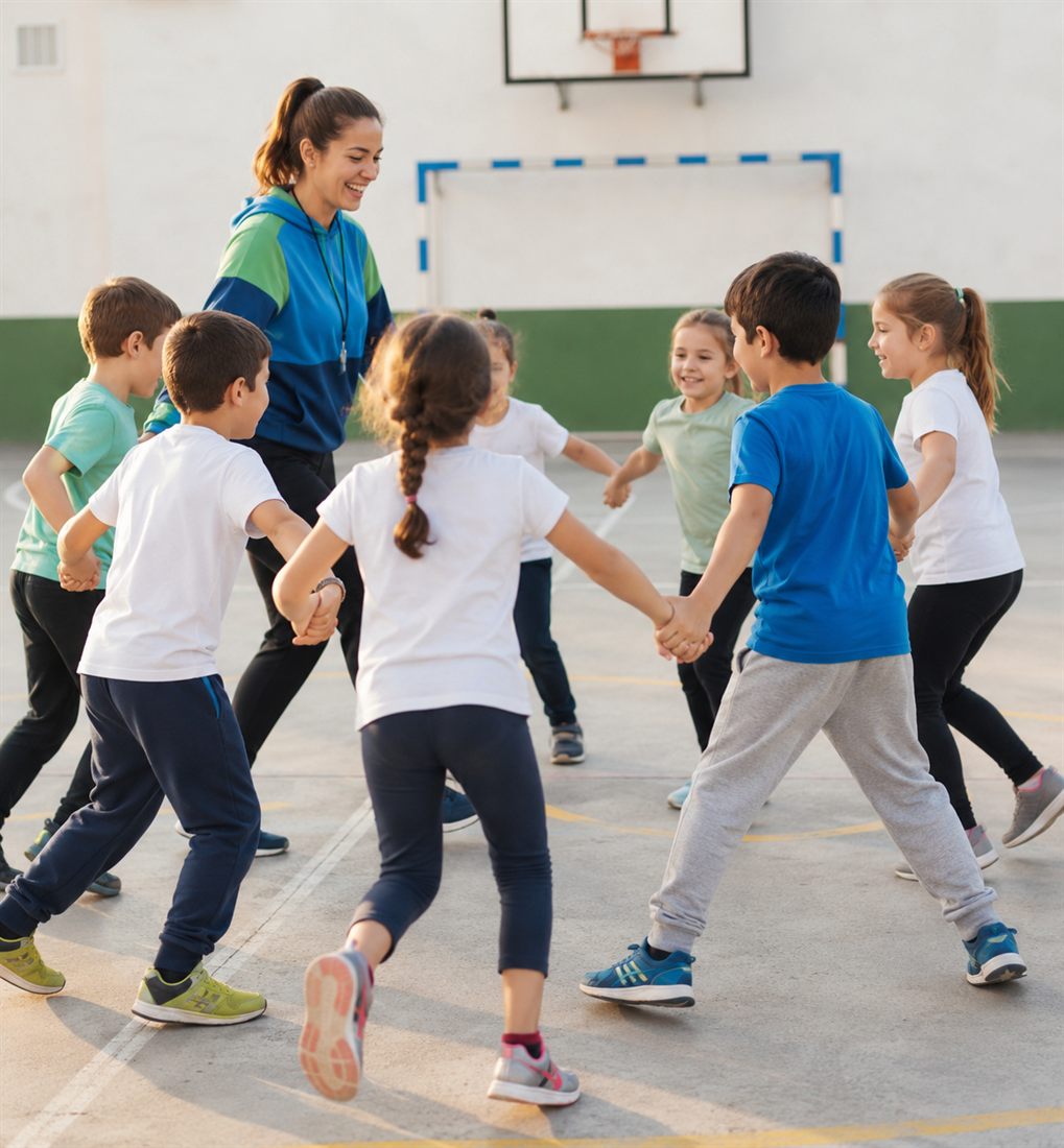 Niños y niñas jugando en una actividad extraescolar con su monitora
